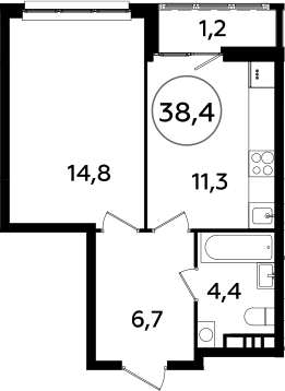 1-комнатная, 38.4 м²– 2