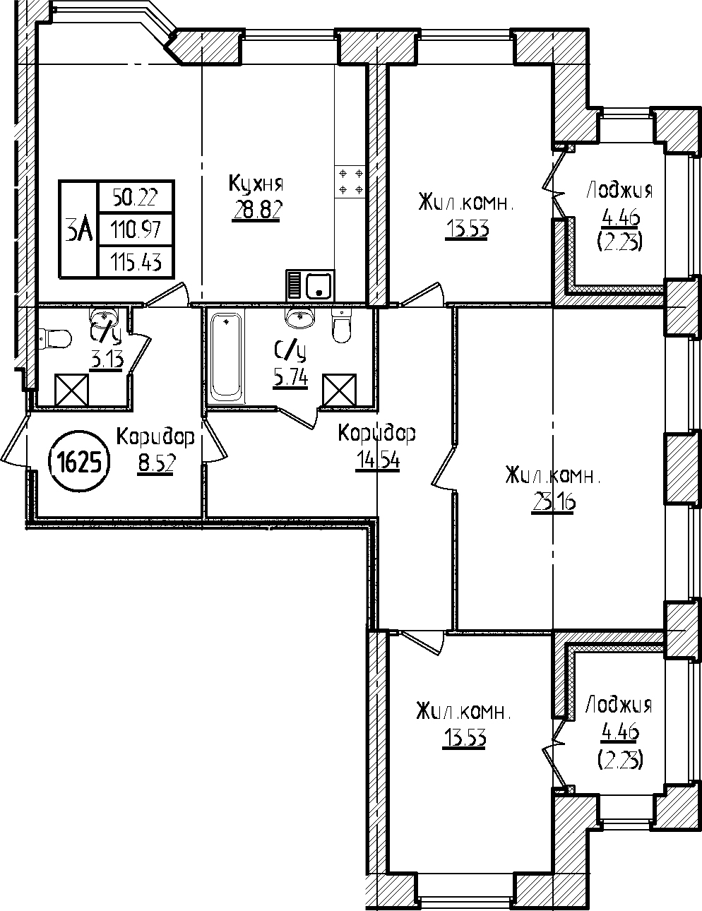 3-комнатная, 115.43 м²– 2