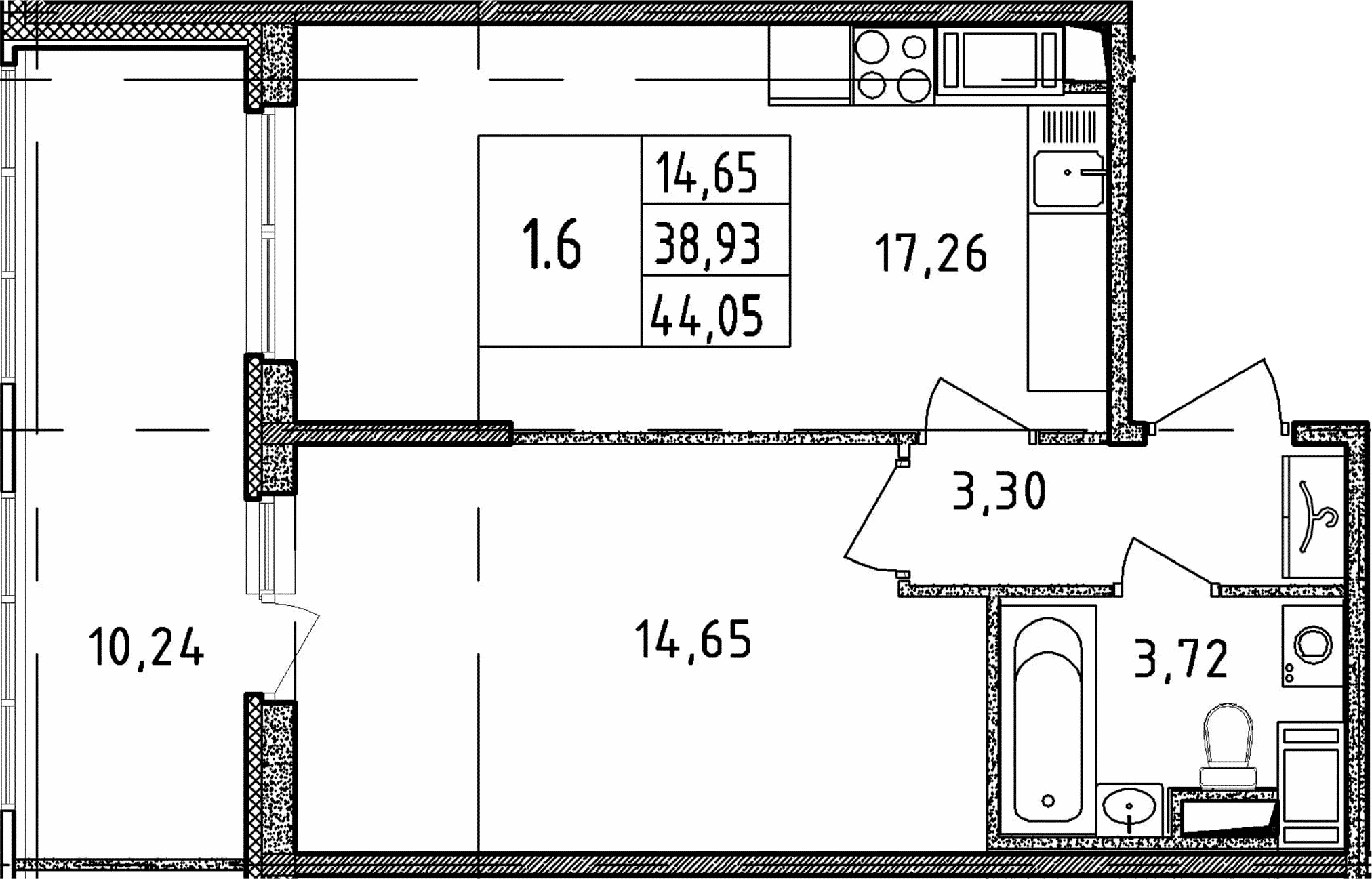 2Е-комнатная, 38.93 м²– 2