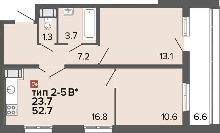 3Е-комнатная, 52.7 м²– 2