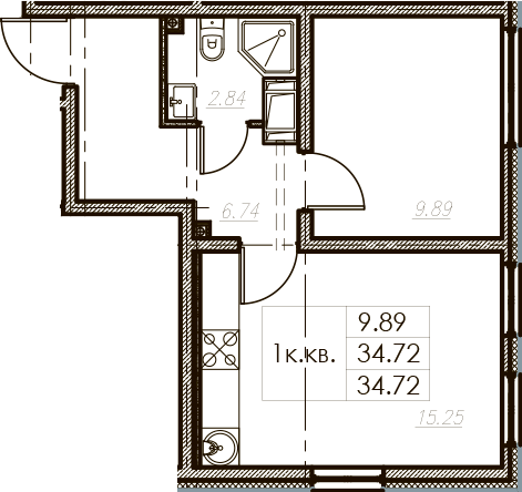 2Е-комнатная, 34.72 м²– 2