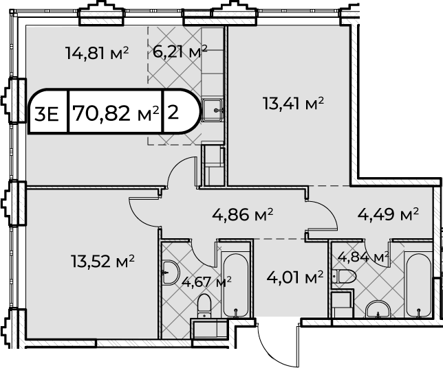 3Е-комнатная, 70.82 м²– 2