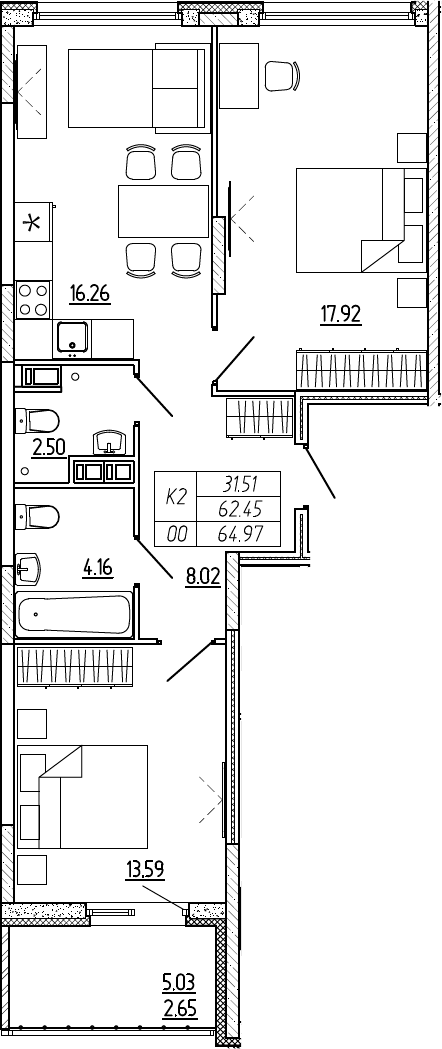 3Е-комнатная, 64.97 м²– 2