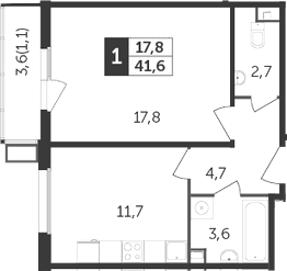 1-комнатная, 41.6 м²– 2