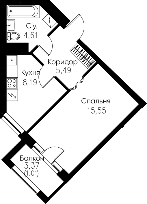 1-комнатная, 34.85 м²– 2