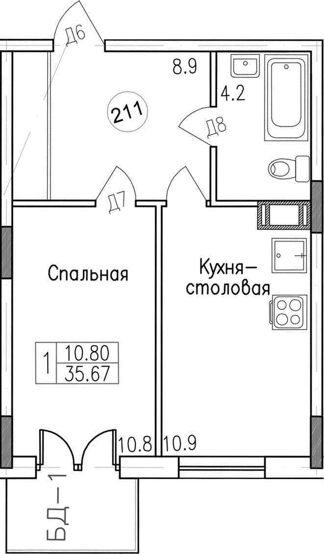 1-комнатная, 35.67 м²– 2