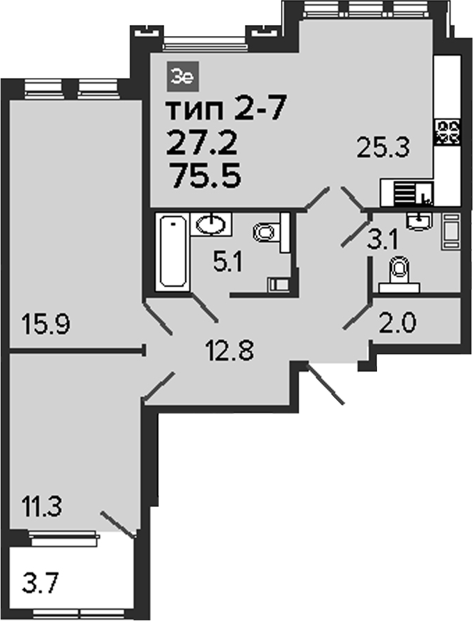 3Е-комнатная, 75.5 м²– 2