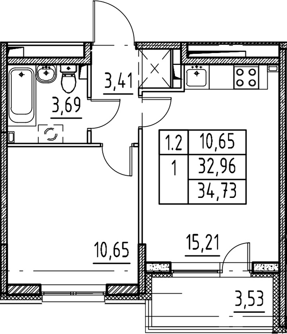 2Е-комнатная, 32.96 м²– 2
