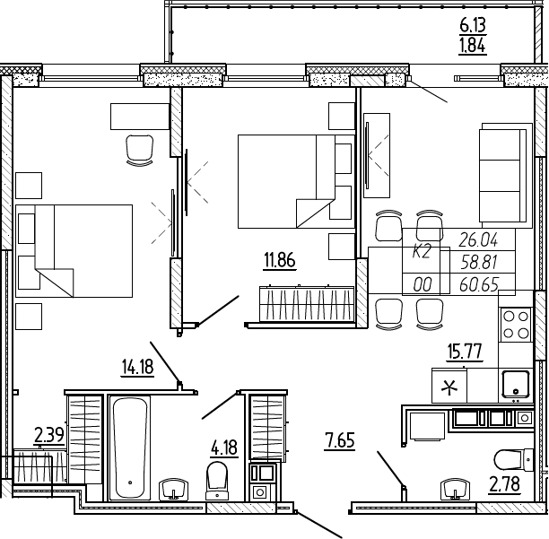 3Е-комнатная, 60.65 м²– 2