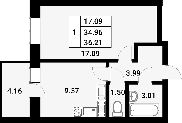 1-комнатная, 36.21 м²– 2