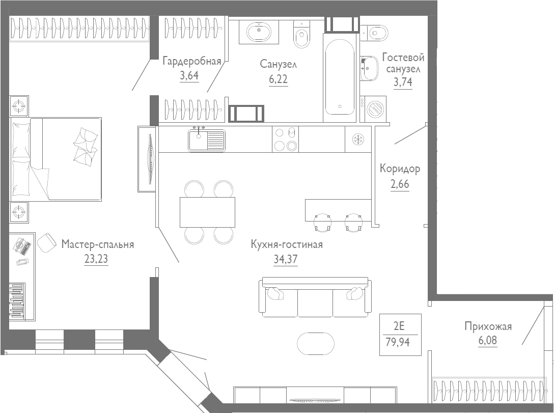 2Е-комнатная, 79.94 м²– 2