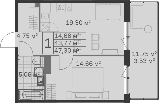 2Е-комнатная, 47.3 м²– 2