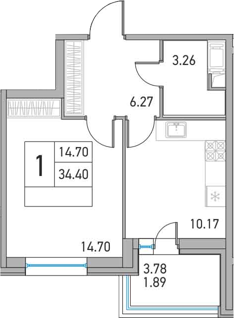 1-комнатная, 34.4 м²– 2