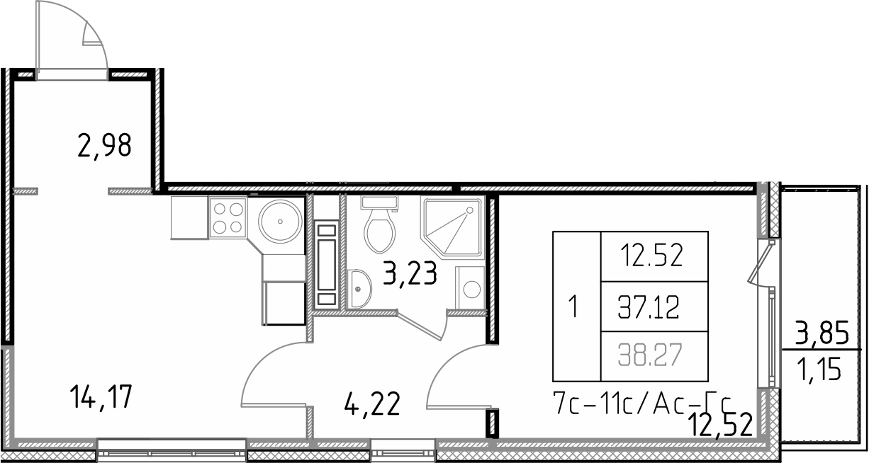 1-комнатная, 38.27 м²– 2