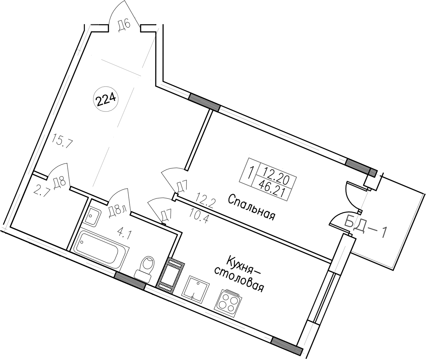 1-комнатная, 46.21 м²– 2