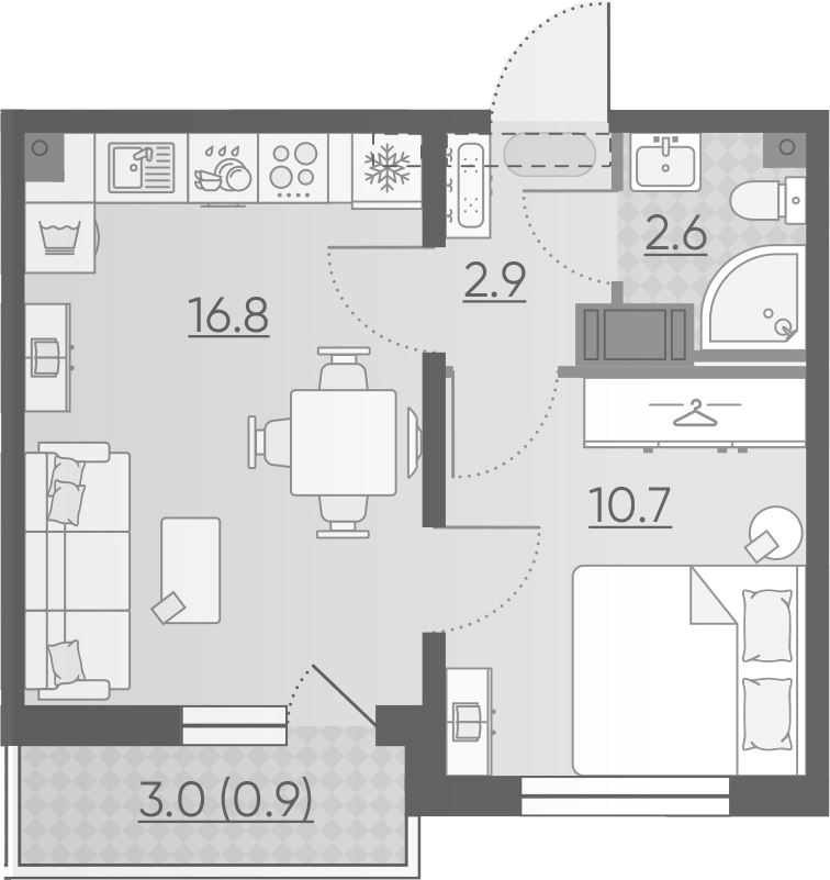 2Е-комнатная, 33.9 м²– 2