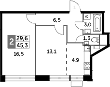 2Е-комнатная, 45.3 м²– 2