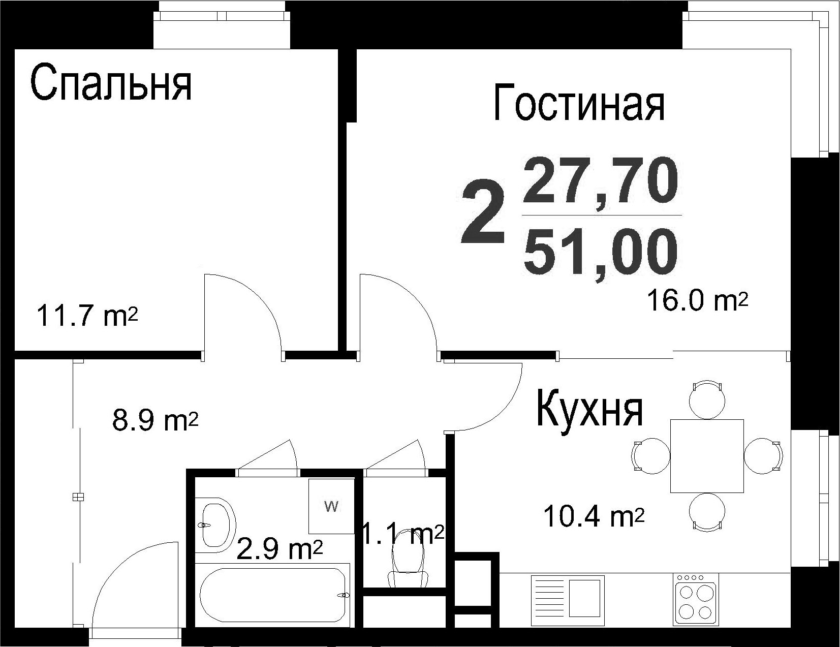 2-к.кв, 51 м²
