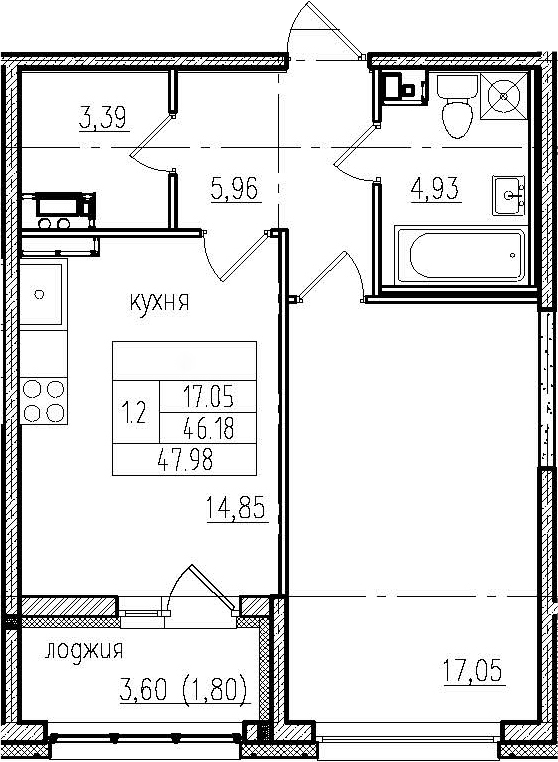 1-комнатная квартира, 47.98 м², 5 этаж – Планировка