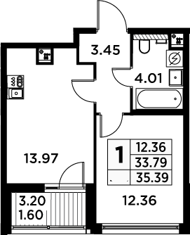 1-комнатная, 35.39 м²– 2
