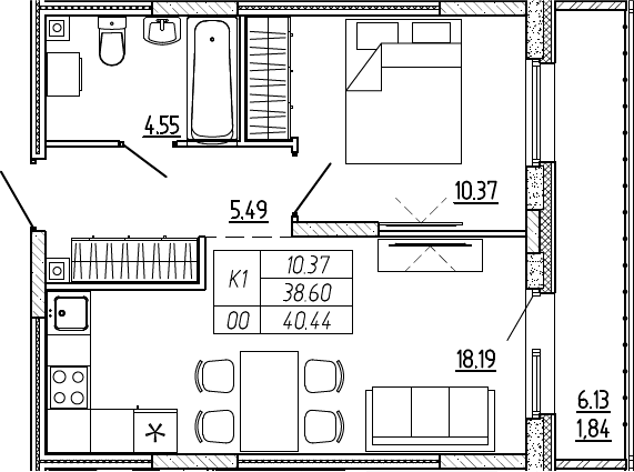 2Е-комнатная, 40.44 м²– 2