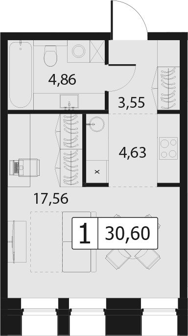 1-комнатная, 30.6 м²– 2
