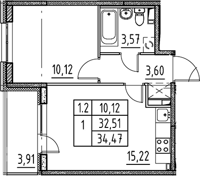 2Е-комнатная, 32.51 м²– 2