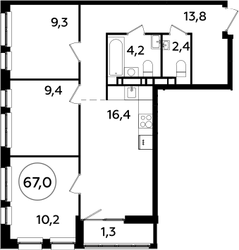 4Е-комнатная, 67 м²– 2