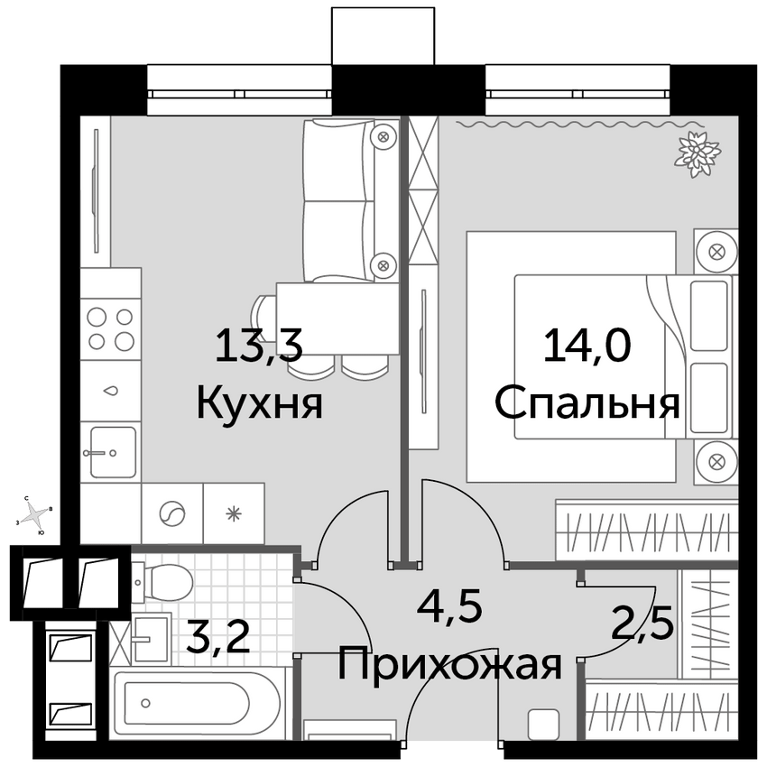1-комнатная, 37.5 м²– 2