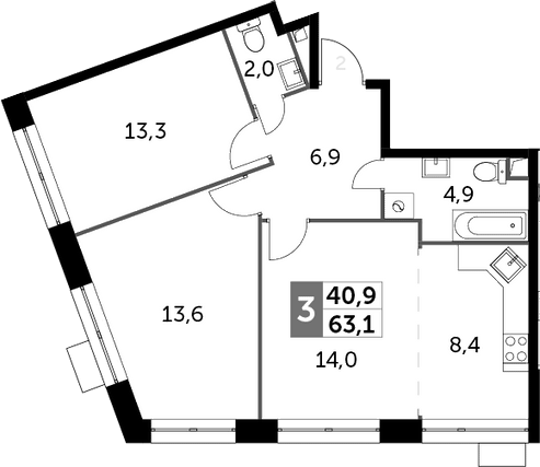 3Е-комнатная, 63.1 м²– 2