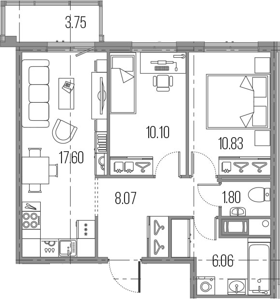 3Е-комнатная, 54.47 м²– 2