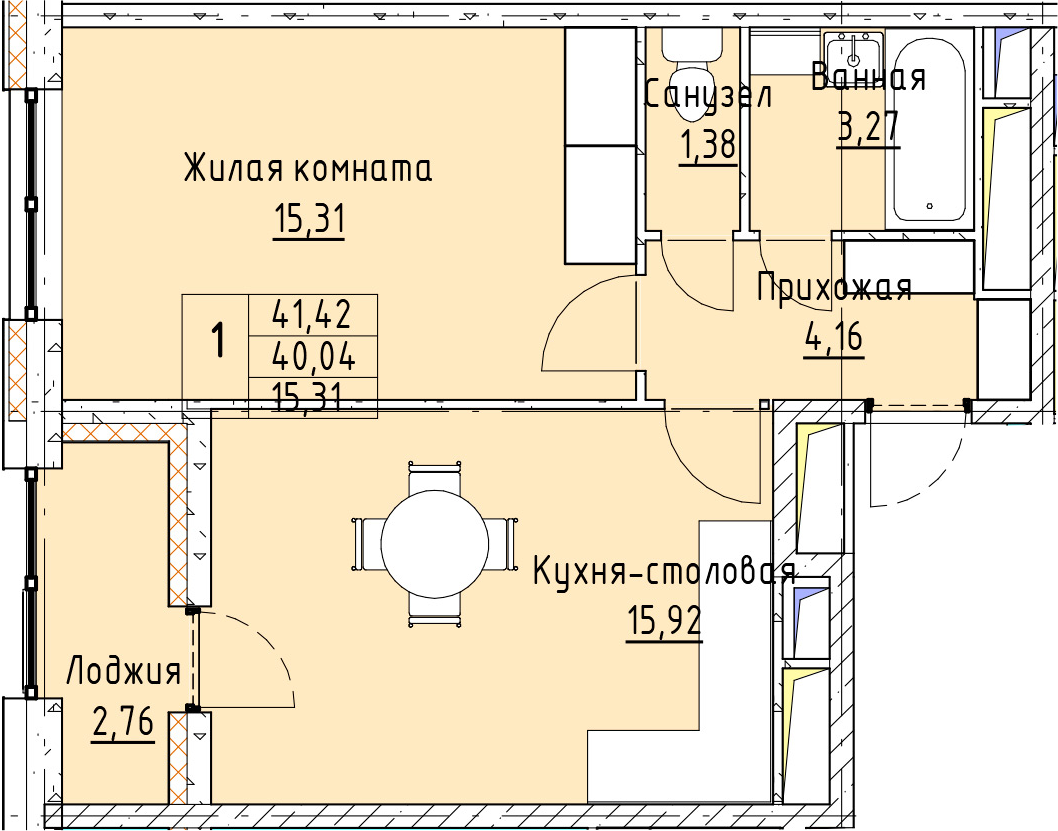 2Е-комнатная, 41.42 м²– 2