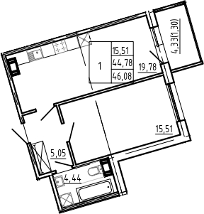 2Е-комнатная, 46.08 м²– 2