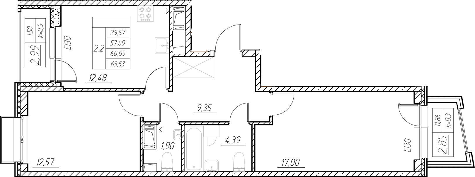 Купить 3-комнатную квартиру в новостройке 60.05 м², Полюстровский пр-кт, в  Санкт-Петербурге, у метро Лесная