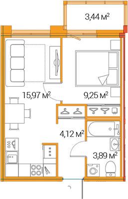 2Е-комнатная, 33.23 м²– 2