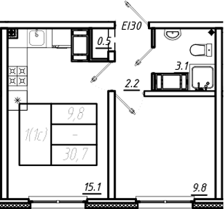 1-комнатная, 30.7 м²– 2