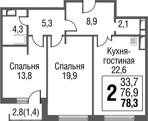 3Е-комнатная, 78.3 м²– 2