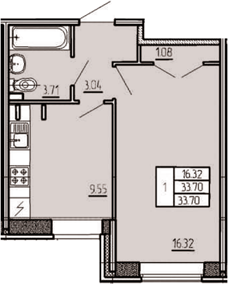 1-комнатная, 33.7 м²– 2