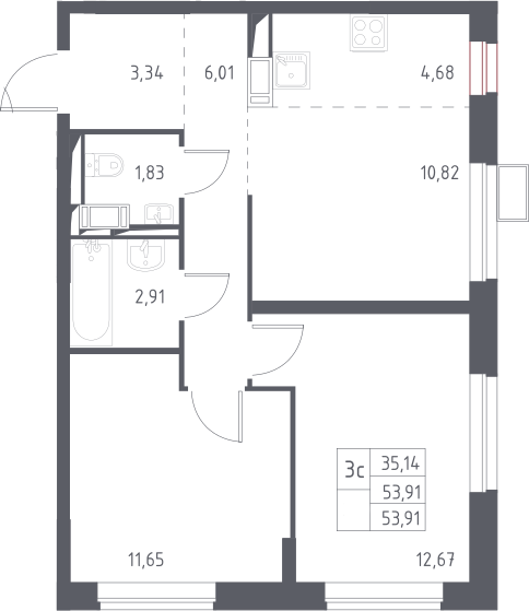 3Е-комнатная, 53.91 м²– 2