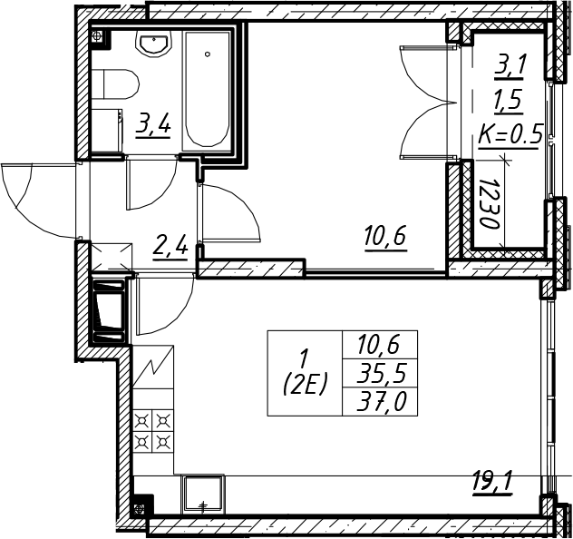 2Е-к.кв, 37 м², от 14 этажа