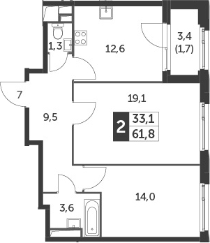 2-комнатная, 61.8 м²– 2