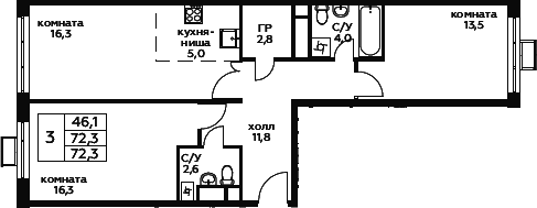 3Е-комнатная, 72.3 м²– 2