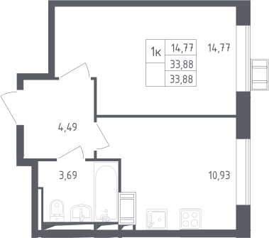 1-комнатная, 33.88 м²– 2