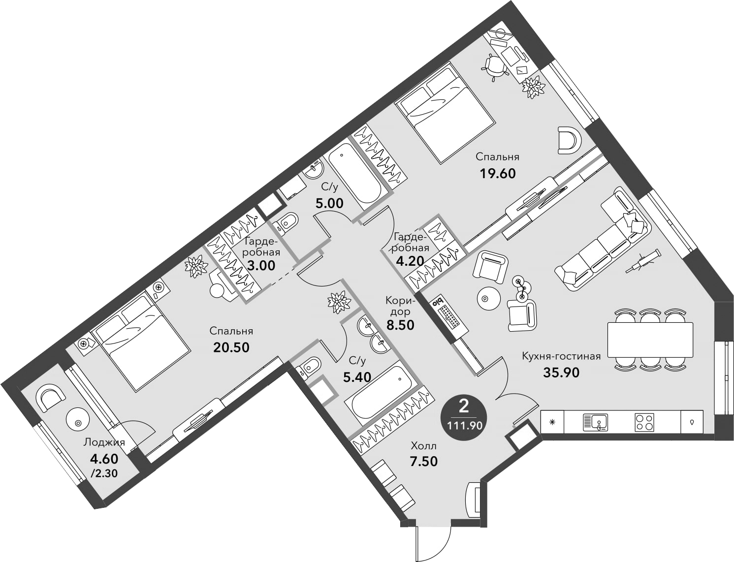 3Е-комнатная, 111.9 м²– 2