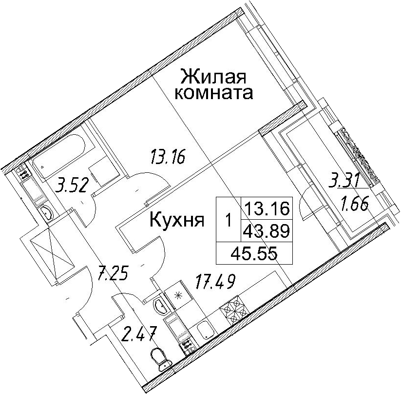 2Е-к.кв, 45.55 м²
