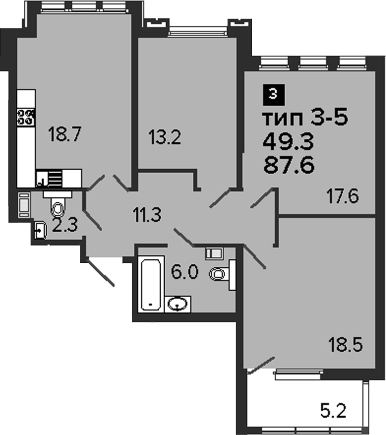 3-комнатная, 87.6 м²– 2