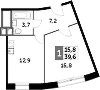 1-комнатная, 39.6 м²– 2