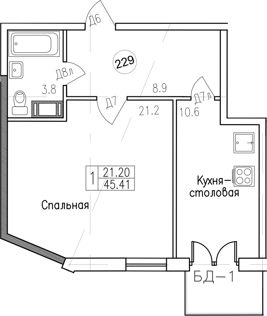 1-комнатная, 45.41 м²– 2