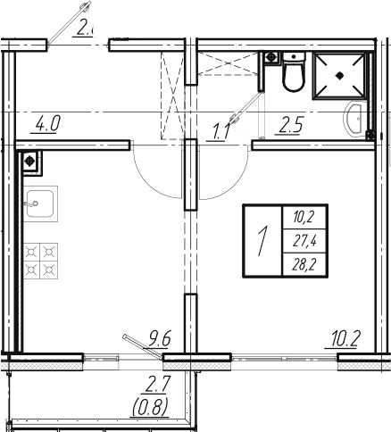 1-комнатная, 28.2 м²– 2