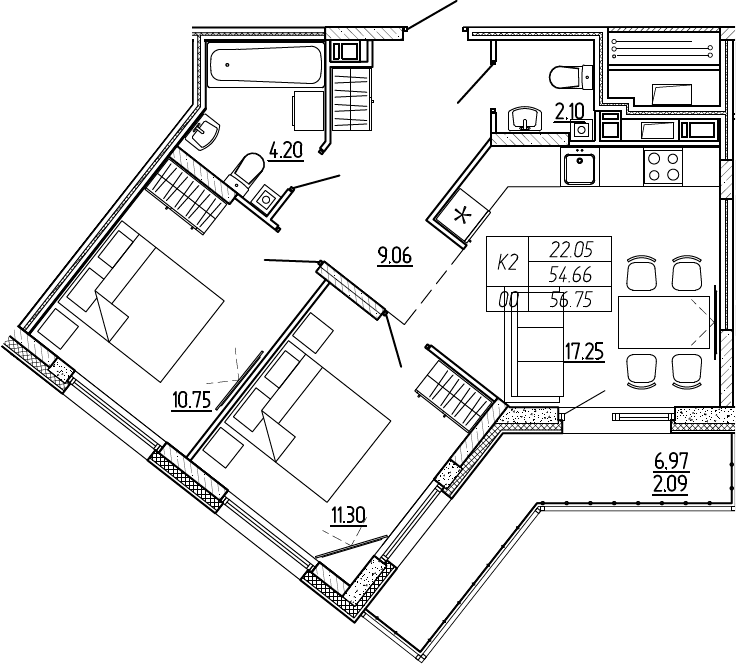 3Е-комнатная, 56.75 м²– 2